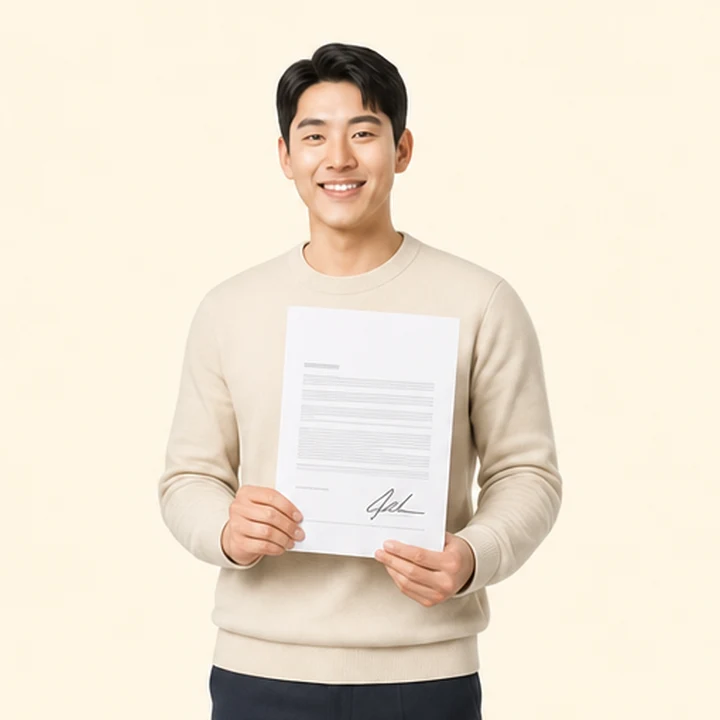 K8 중고차 장기렌트카 서면 견적서를 들고 있는 고객
